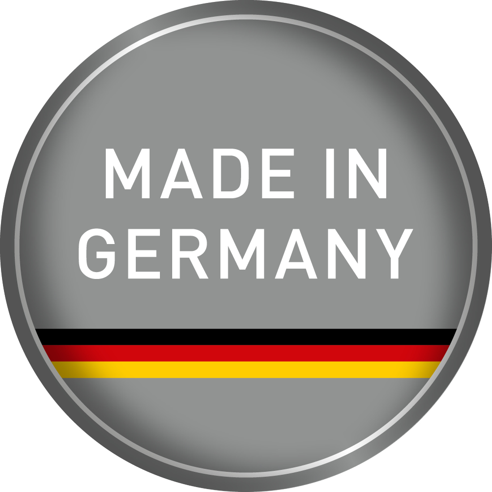 Grauer Kreis mit Text 'MADE IN GERMANY' und den Farben der deutschen Flagge unten.
