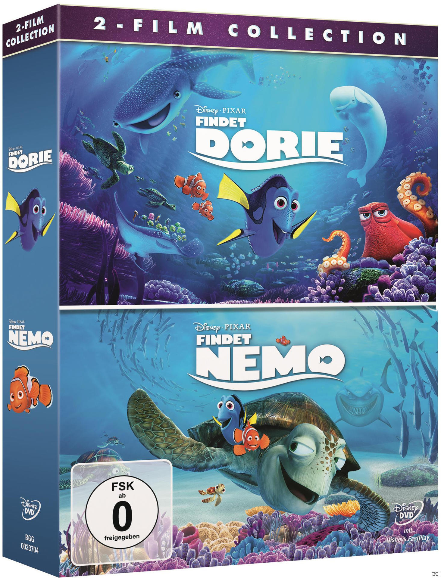 DVD-Hülle mit Findet Dorie und Findet Nemo. Mit Zeichentrickfiguren. Blauer und weißer Hintergrund.