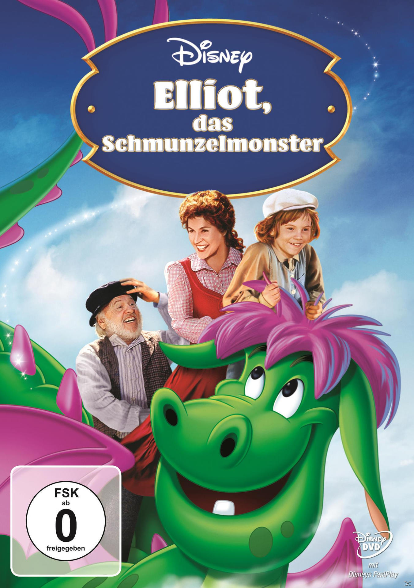 Disney's Elliot, das Schmunzelmonster DVD-Cover mit Schauspielern und einem grünen Drachen.
