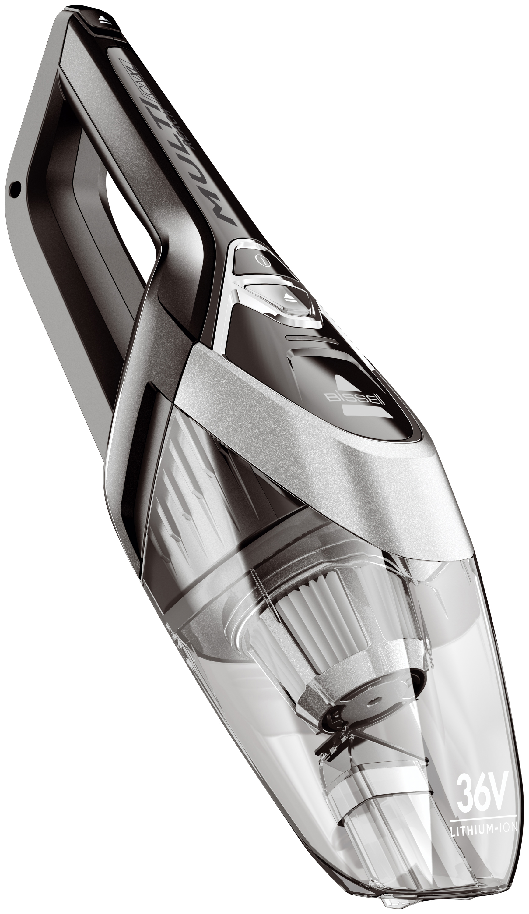 Ein kabelloser Bissell MultiReach Staubsauger. Er ist schwarz und silber. Er hat einen transparenten Staubbehälter. Die Basis sagt 36V Lithium-Ion.