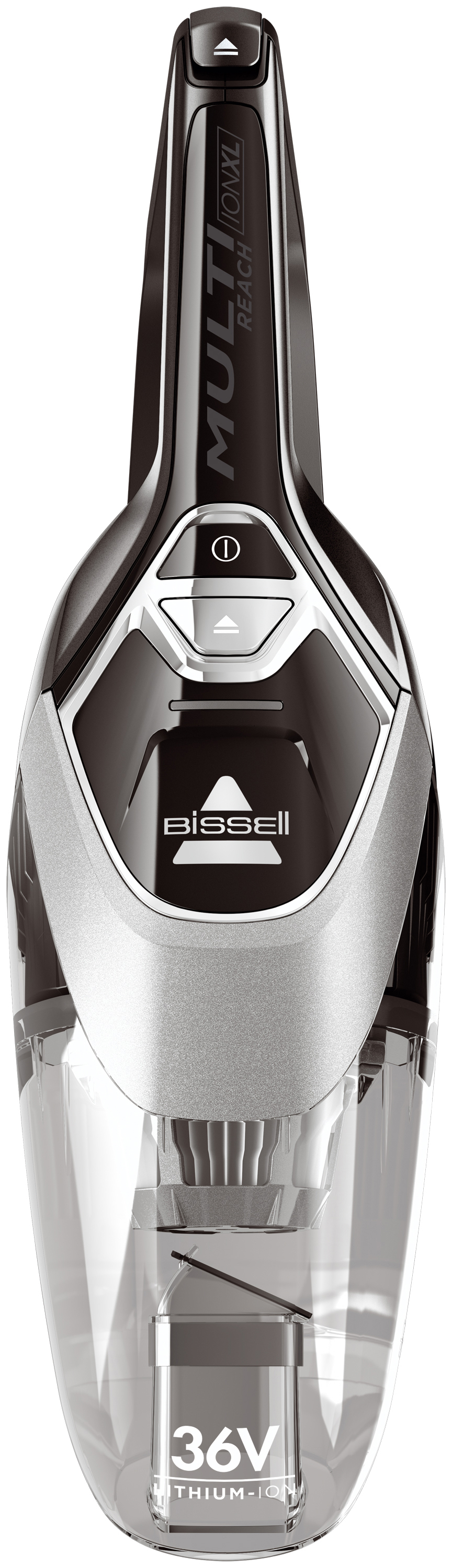 Nahaufnahme eines schwarz-silbernen Bissell-Staubsaugers. Er hat Ein-/Aus- und Auf-/Ab-Tasten sowie 36V Lithium-Ionen.