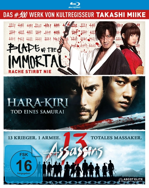 Eine DVD mit drei Filmen: Blade of the Immortal, Hara-Kiri und 13 Assassins, mit Filmpostern.