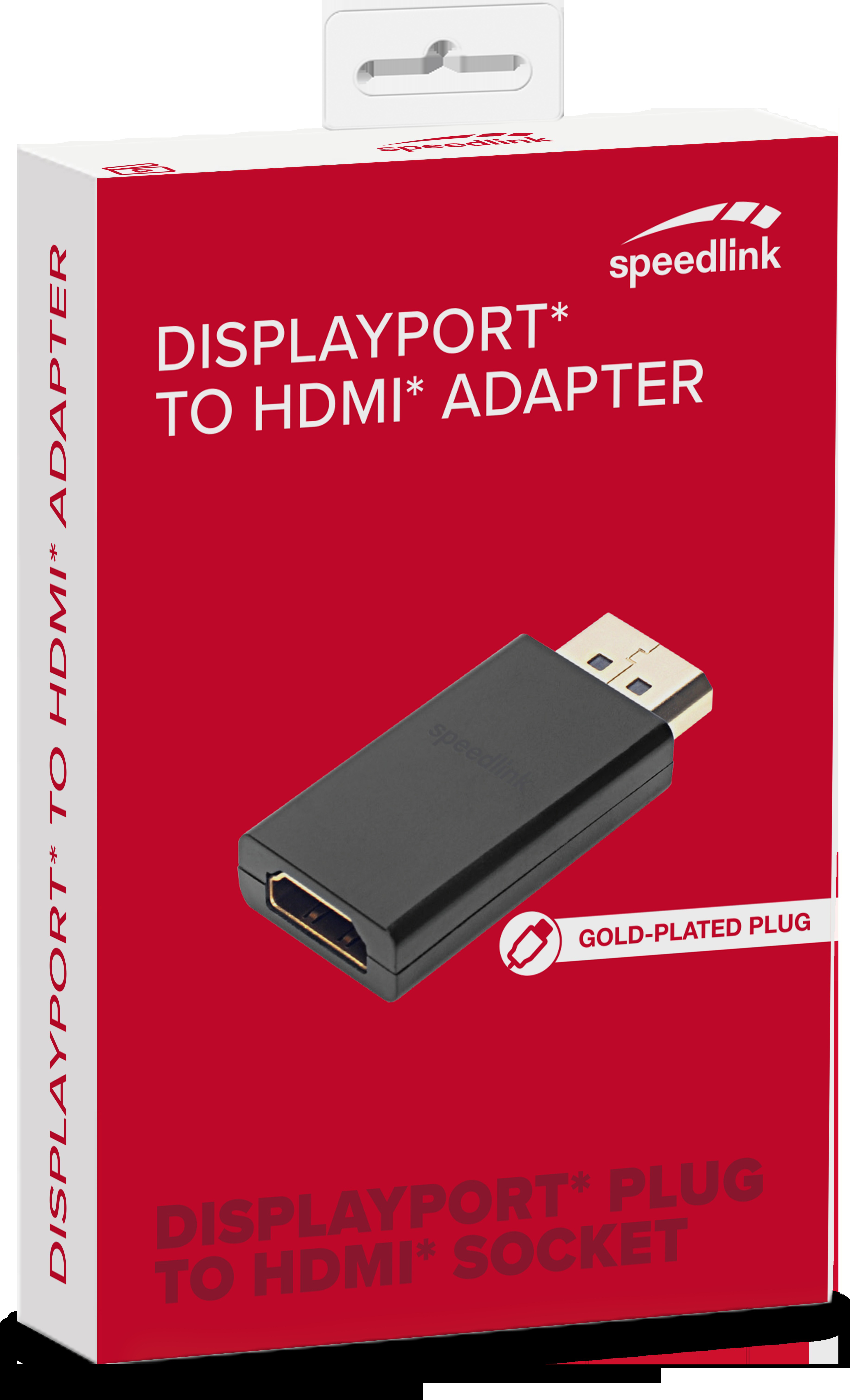 Rote und weiße Box. Das Produkt ist ein Displayport-zu-HDMI-Adapter. Vergoldeter Stecker.