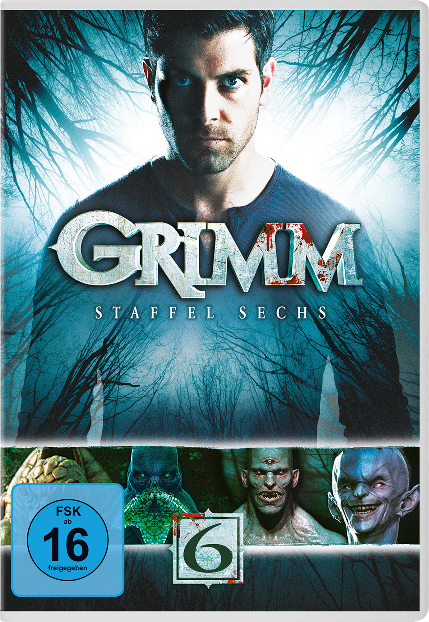 Grimm Staffel Sechs DVD-Cover. Gesicht des Schauspielers in der Mitte, Monster unten.