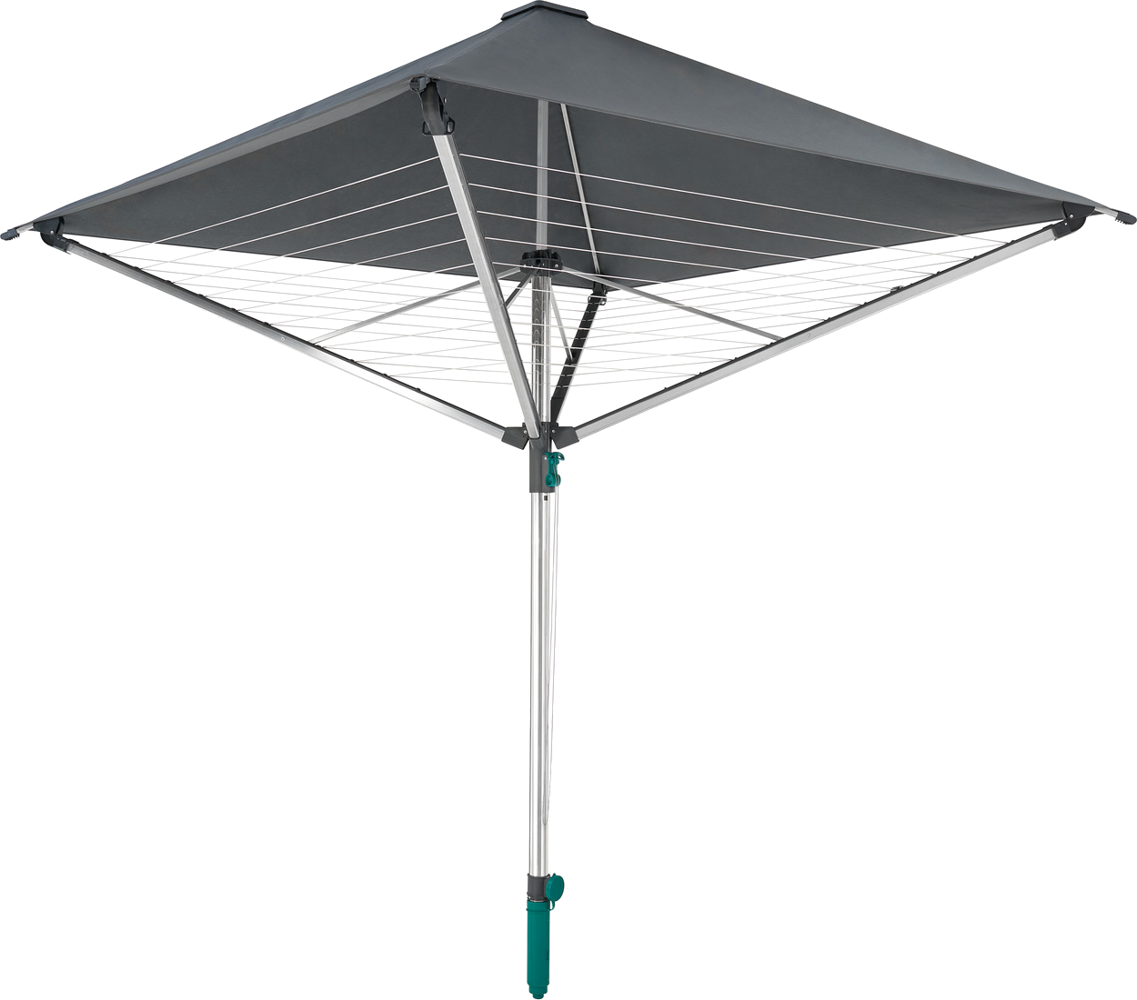 Eine quadratische Wäscheleine mit grauem Baldachin und zentraler Stange, auf schwarzem Hintergrund.