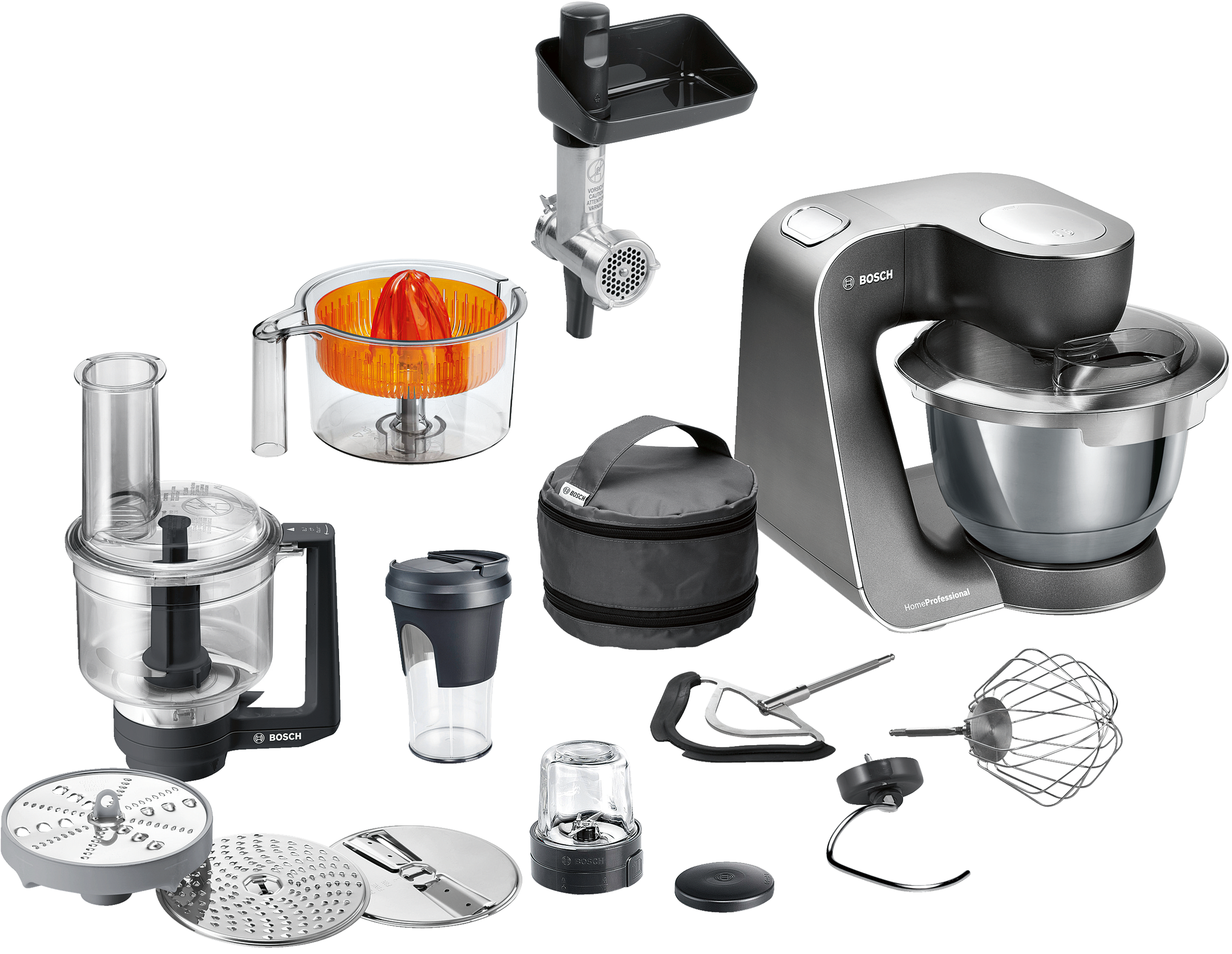 Kitchen appliance set: Bosch food processor, blender, mixer, juicer, grinder, and various attachments.
