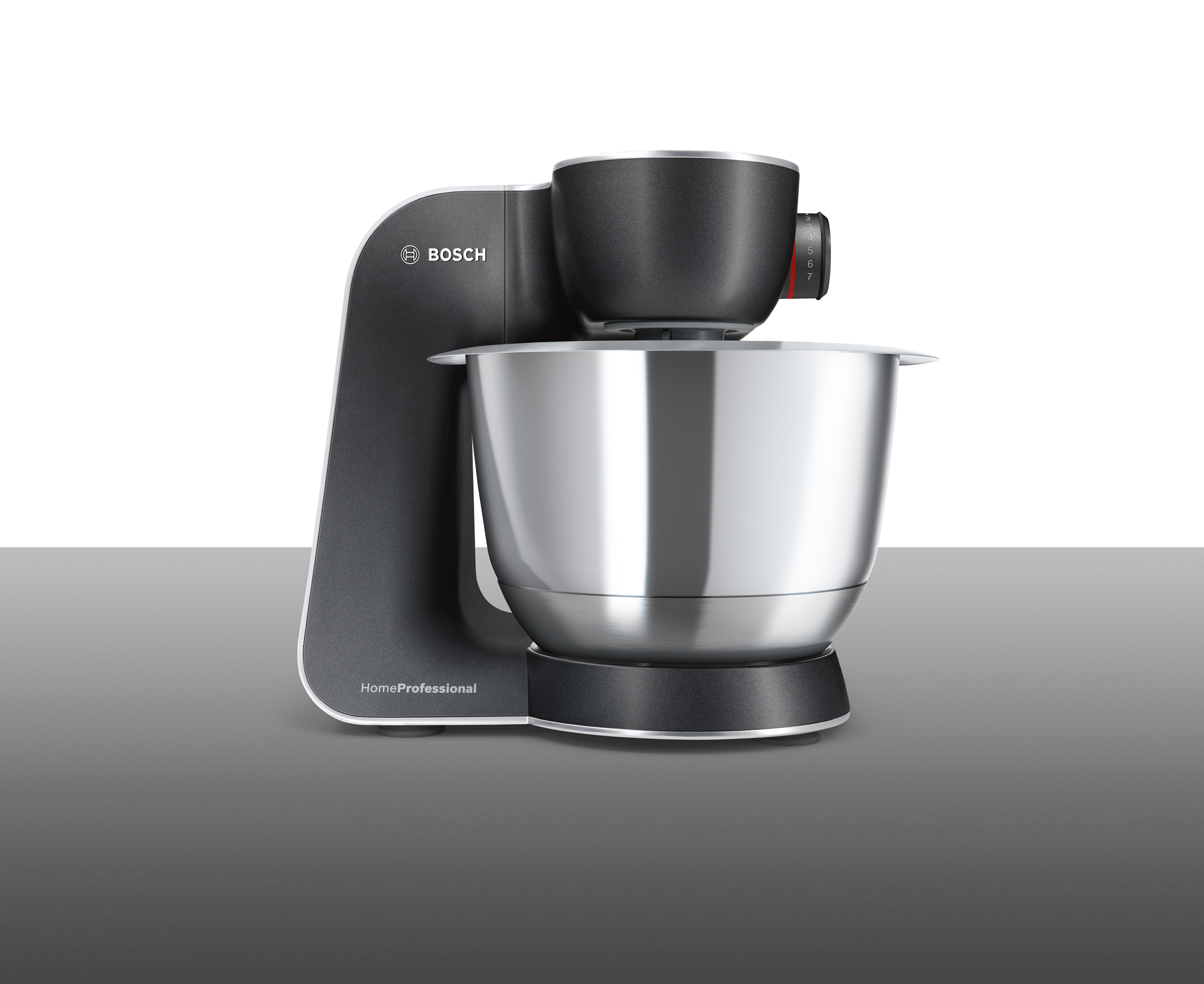 A black and silver stand mixer with the brand name Bosch. HomeProfessional is written below.