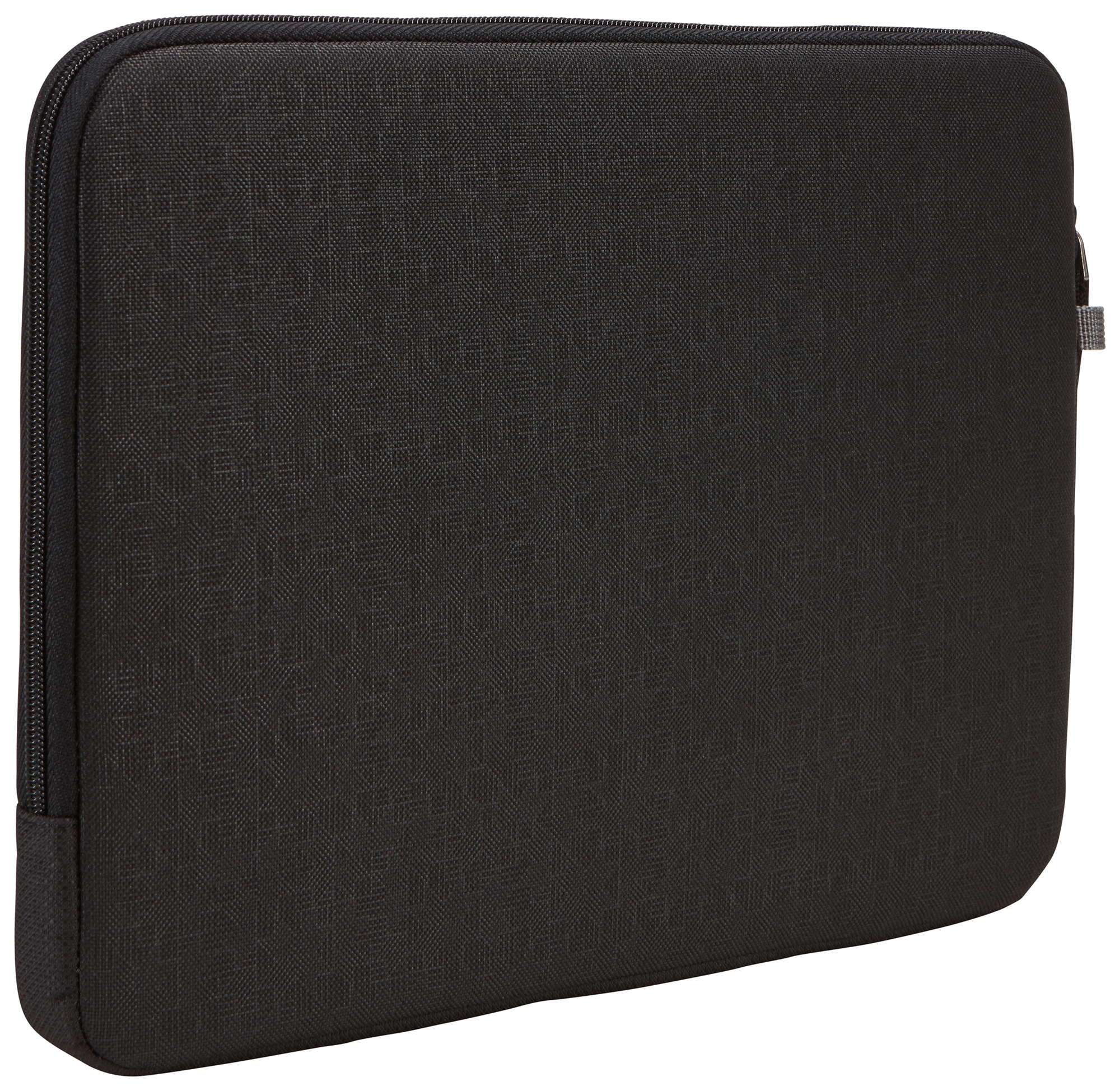 Black laptop sleeve. It is a rectangular shape.