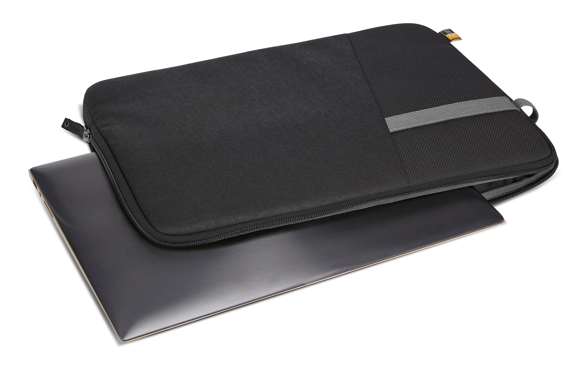 Black laptop case, open. Inside shows a laptop. Gray handle on the side.