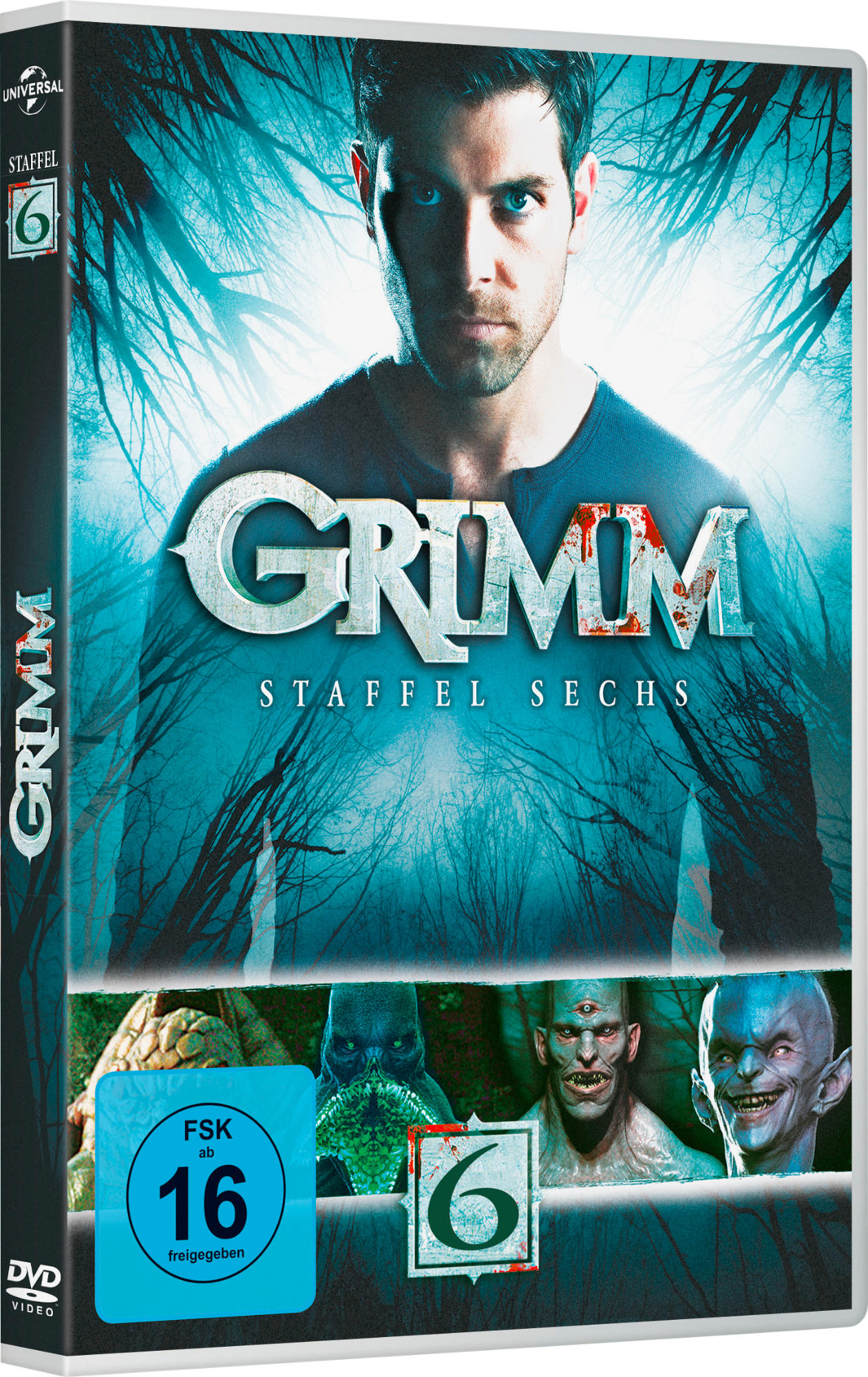 Grimm Staffel 6 DVD-Cover. Das Gesicht eines Mannes ist das Hauptbild. Blauer Hintergrund.