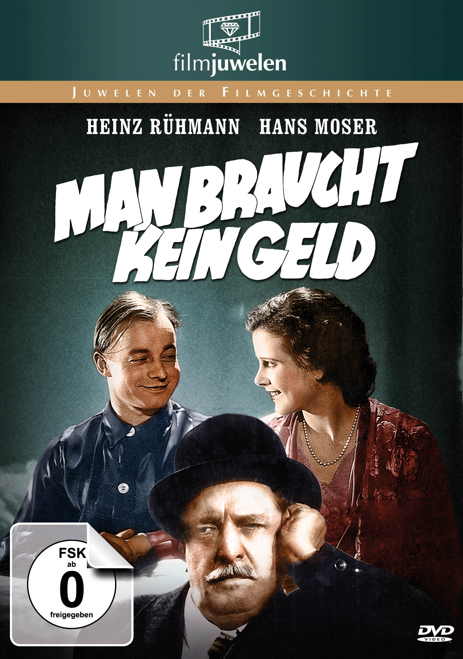 Film-DVD-Cover: Man Braucht Kein Geld, drei Personen, Text auf Deutsch.