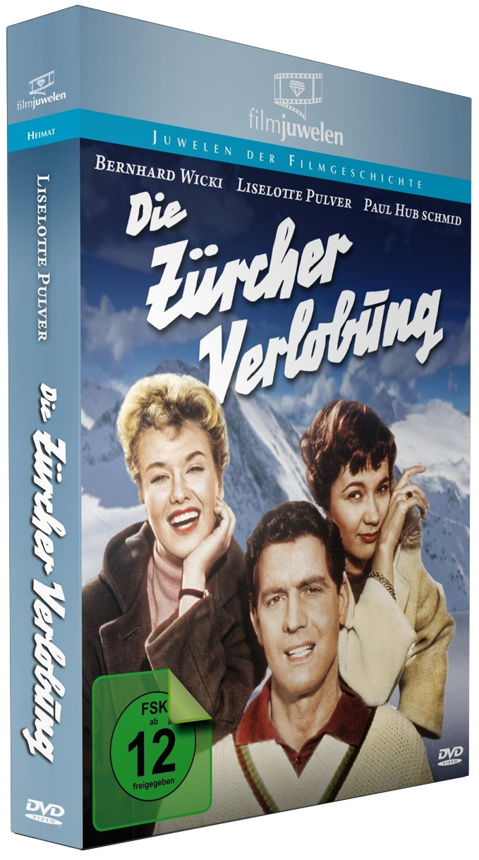 DVD-Hülle mit Gesichtern von Schauspielern. Titel: Die Zürcher Verlobung. Bergkulisse. Grünes FSK 12 Logo.
