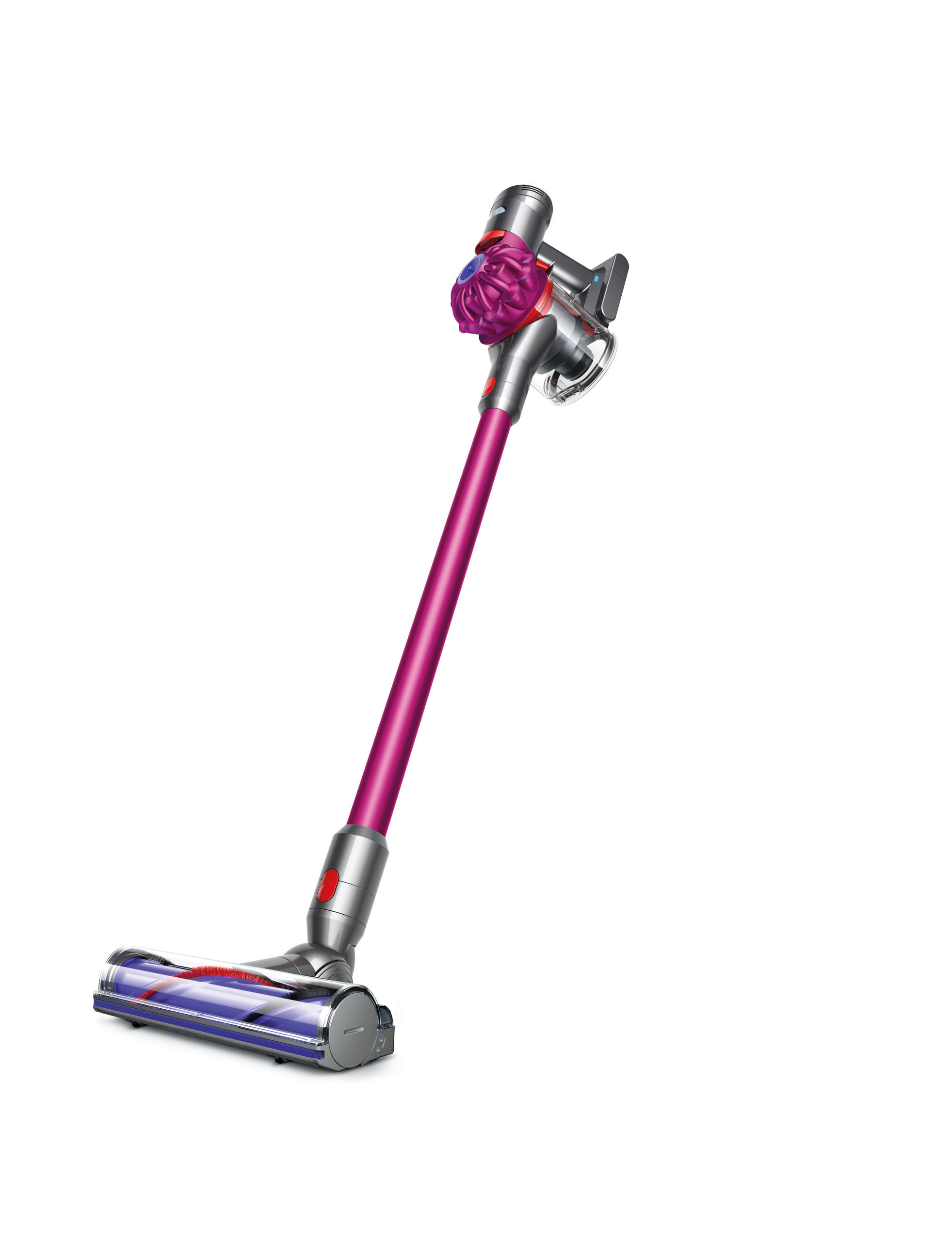 Ein schnurloser Staubsauger in Magenta und Silber vor weißem Hintergrund.