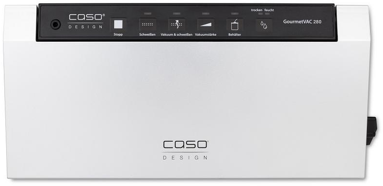 Weißes Caso-Vakuumiergerät mit Knöpfen, Logo und schwarzem Bedienfeld. GourmetVAC 280 steht drauf.