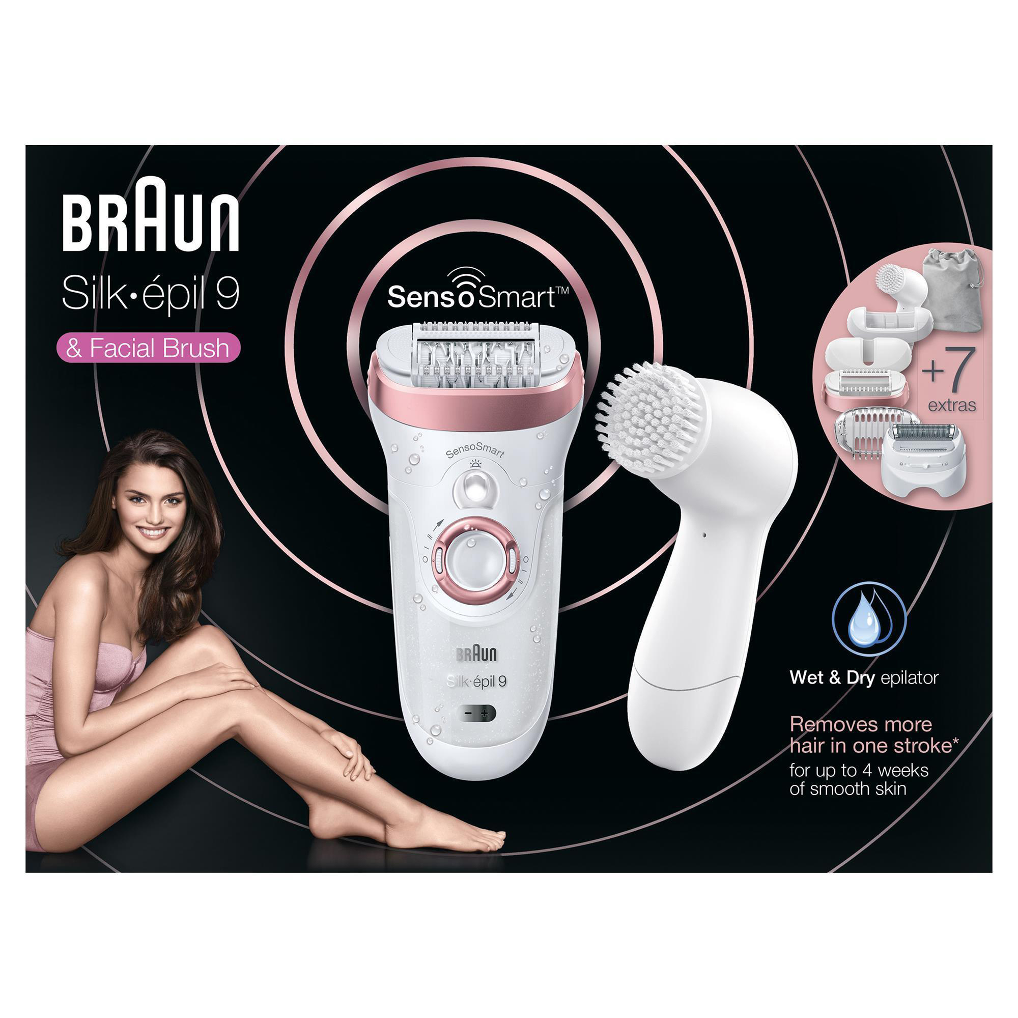 Braun Silk-épil 9 Epilierer mit Zubehör. Eine Frau mit glatter Haut ist zu sehen. Plus Text Wet & Dry.