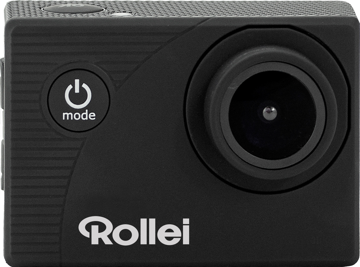 Caméra d'action Rollei noire, avec bouton d'alimentation et bouton de mode visibles à l'avant.