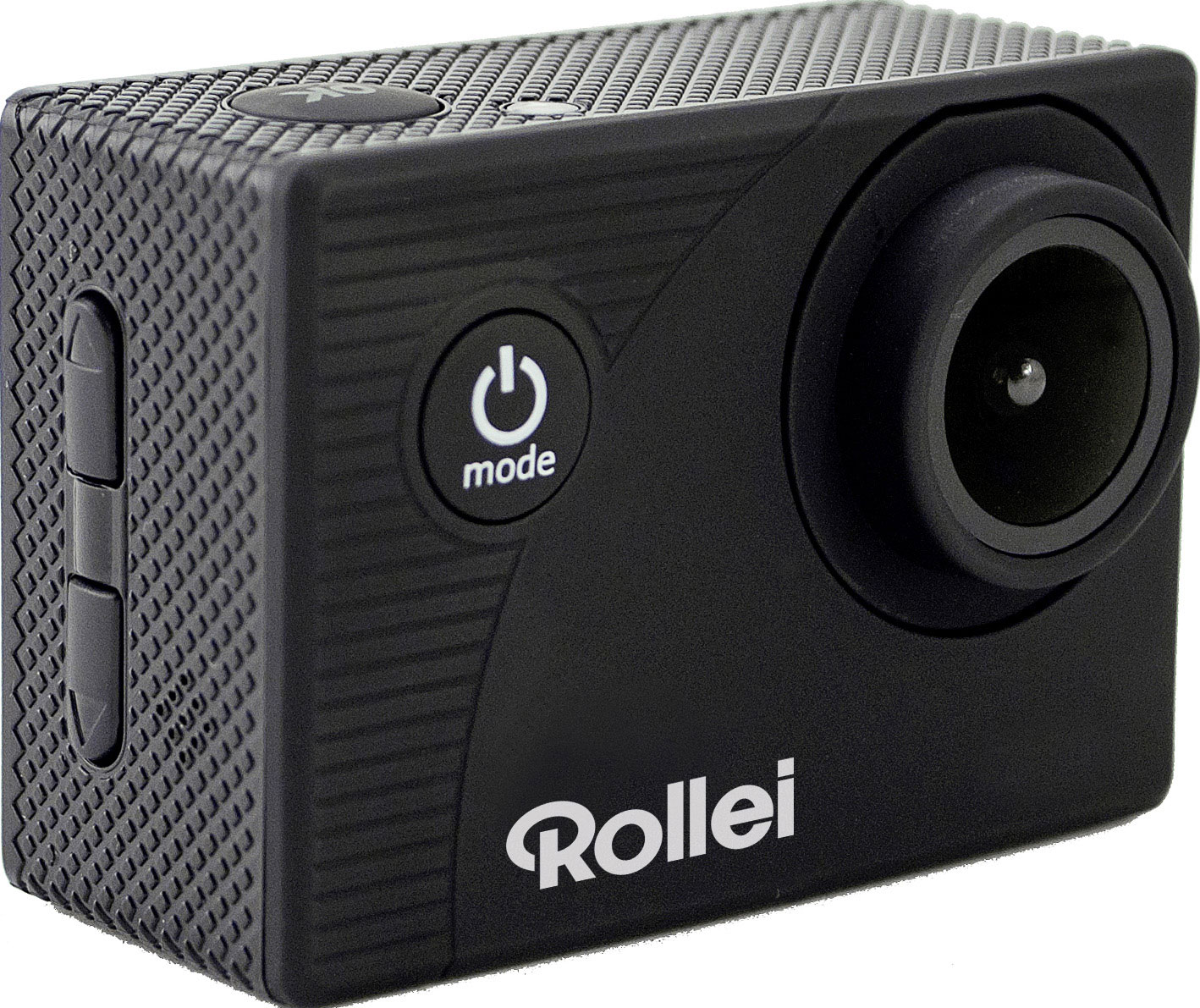 Une caméra d'action noire avec un bouton d'alimentation et un objectif, avec le logo Rollei.