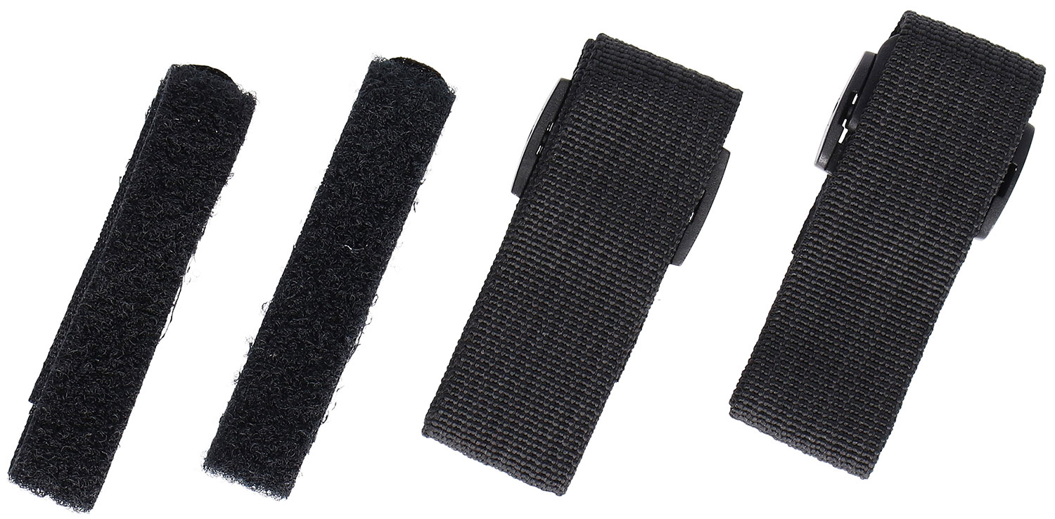 Quatre sangles auto-agrippantes noires. Deux ont des boucles, deux ont des crochets, le tout sur fond blanc.