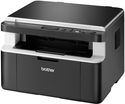 Schwarz-Weiß Brother-Drucker, schräge Ansicht. Mit Papierschacht und Bedienfeld.