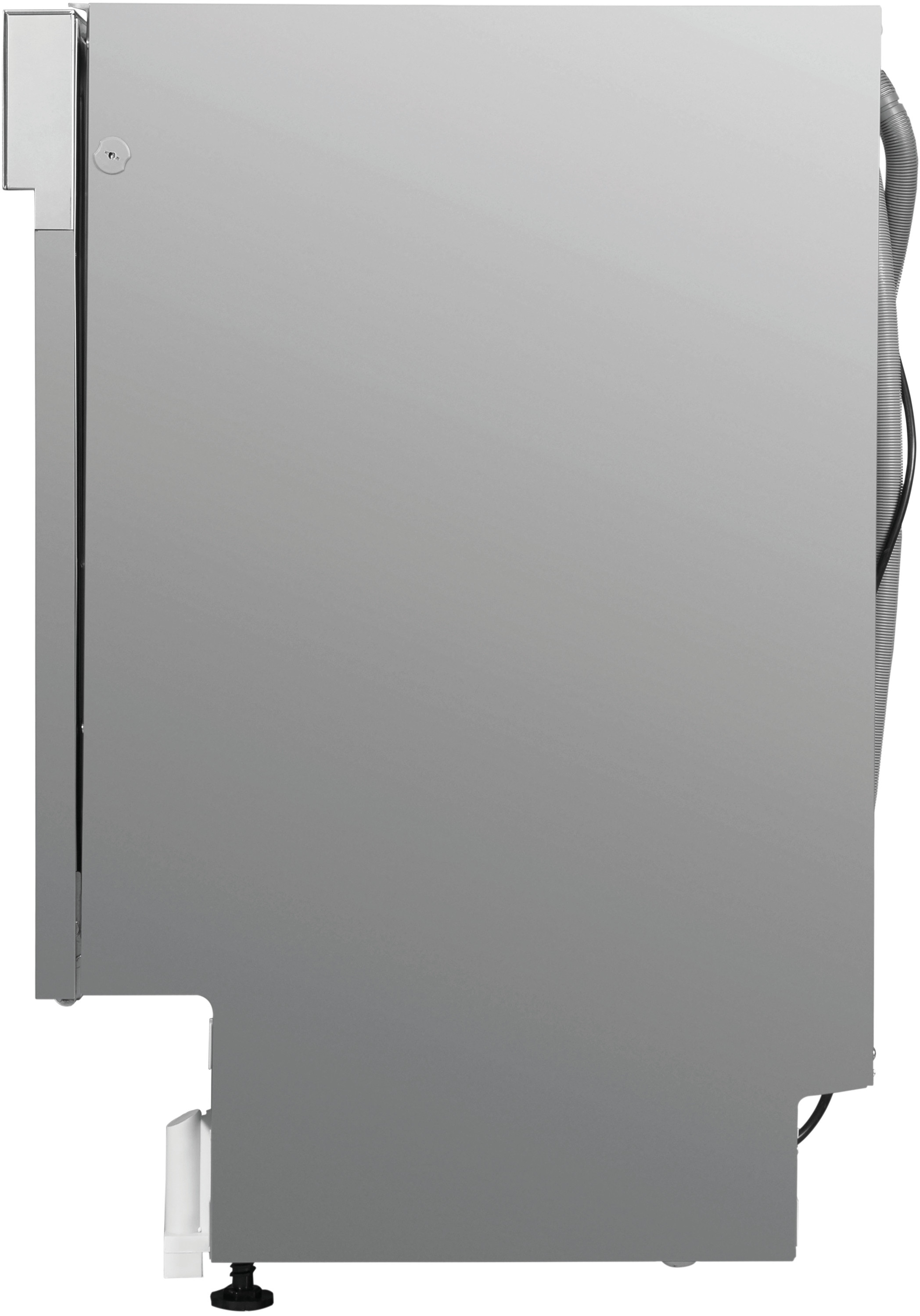 A side view of a stainless steel dishwasher, with a control panel on the top left.