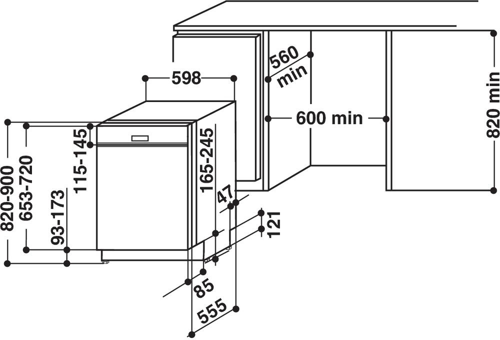 A diagram showing the dimensions of a built-in dishwasher with measurements in mm.