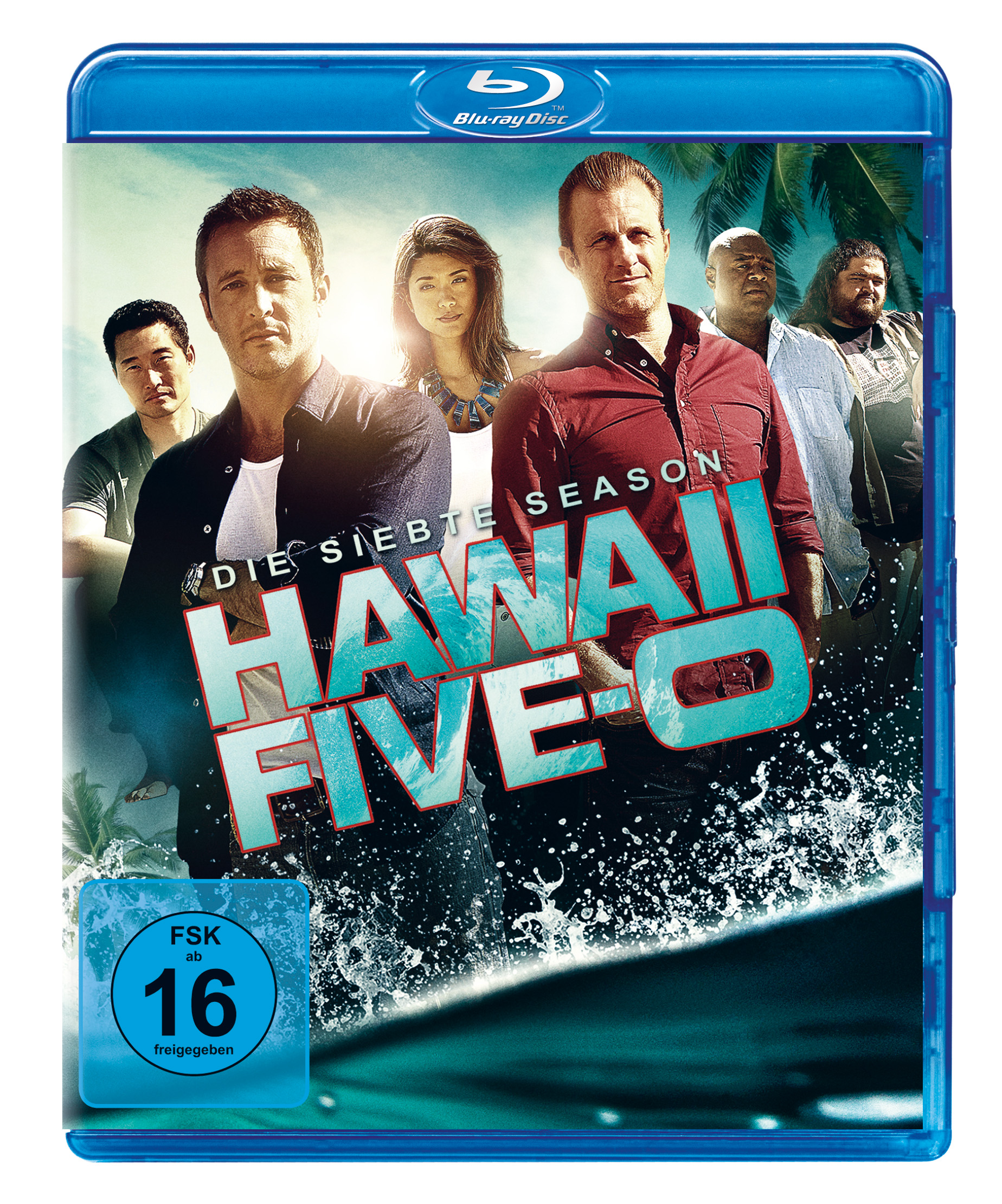 DVD-Cover von Hawaii Five-0 Staffel 7 mit Darstellern, Wasserspritzer und dem Serientitel.