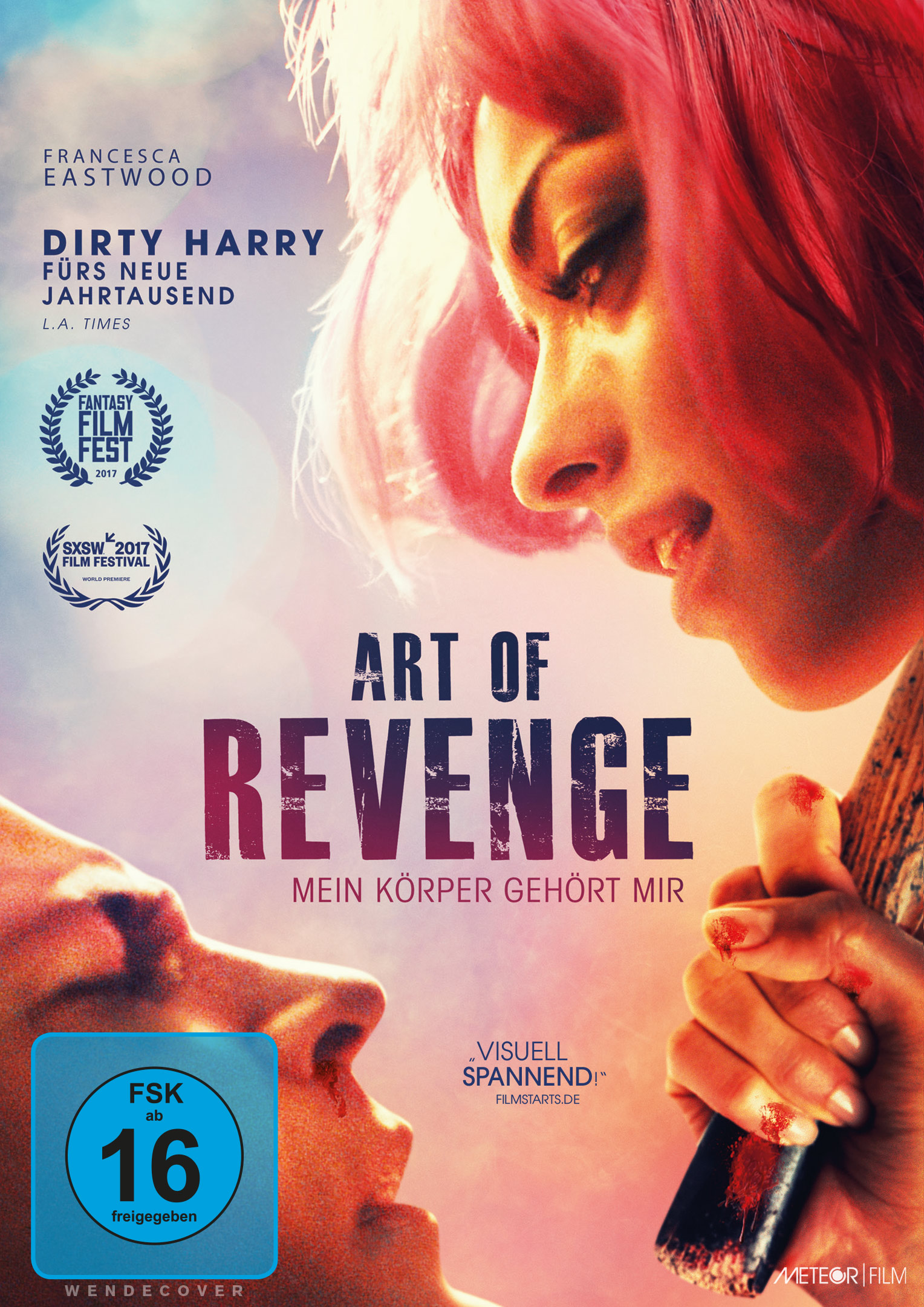 Filmplakat mit einer Frau mit pinken Haaren. Der Titel ist Art of Revenge.