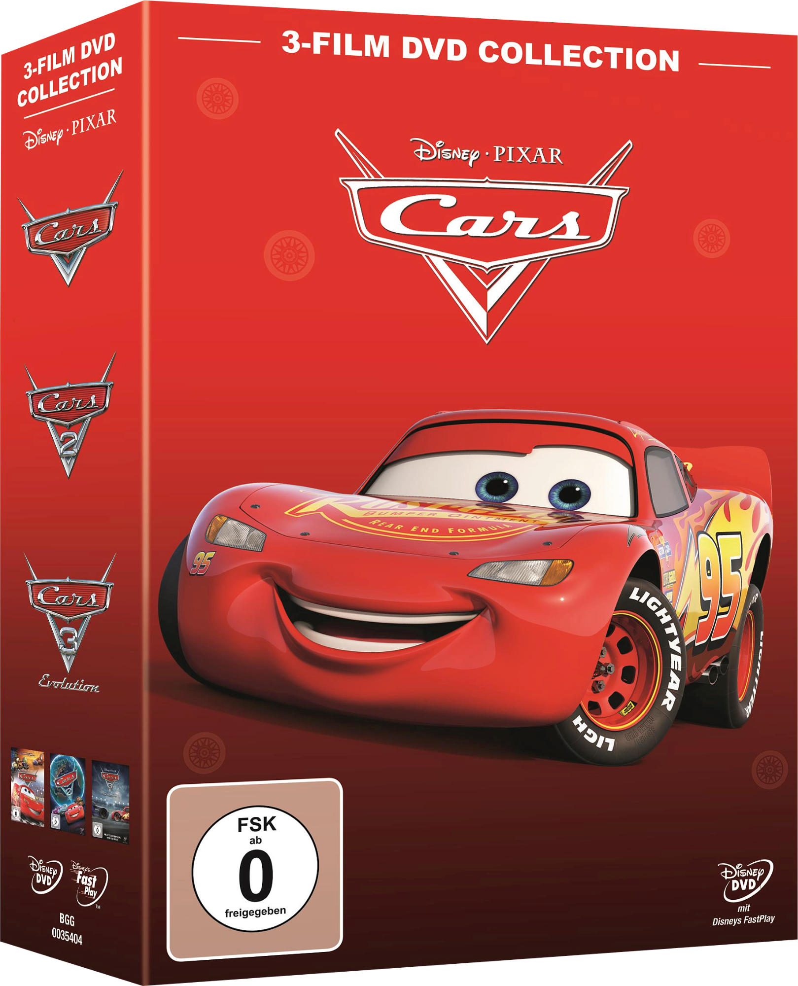 Cars DVD-Box-Set. Rote Box mit Lightning McQueen-Auto auf dem Cover.