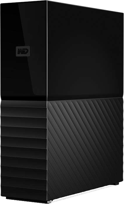 Disque dur externe WD noir rectangulaire avec dessus brillant et dessous texturé.