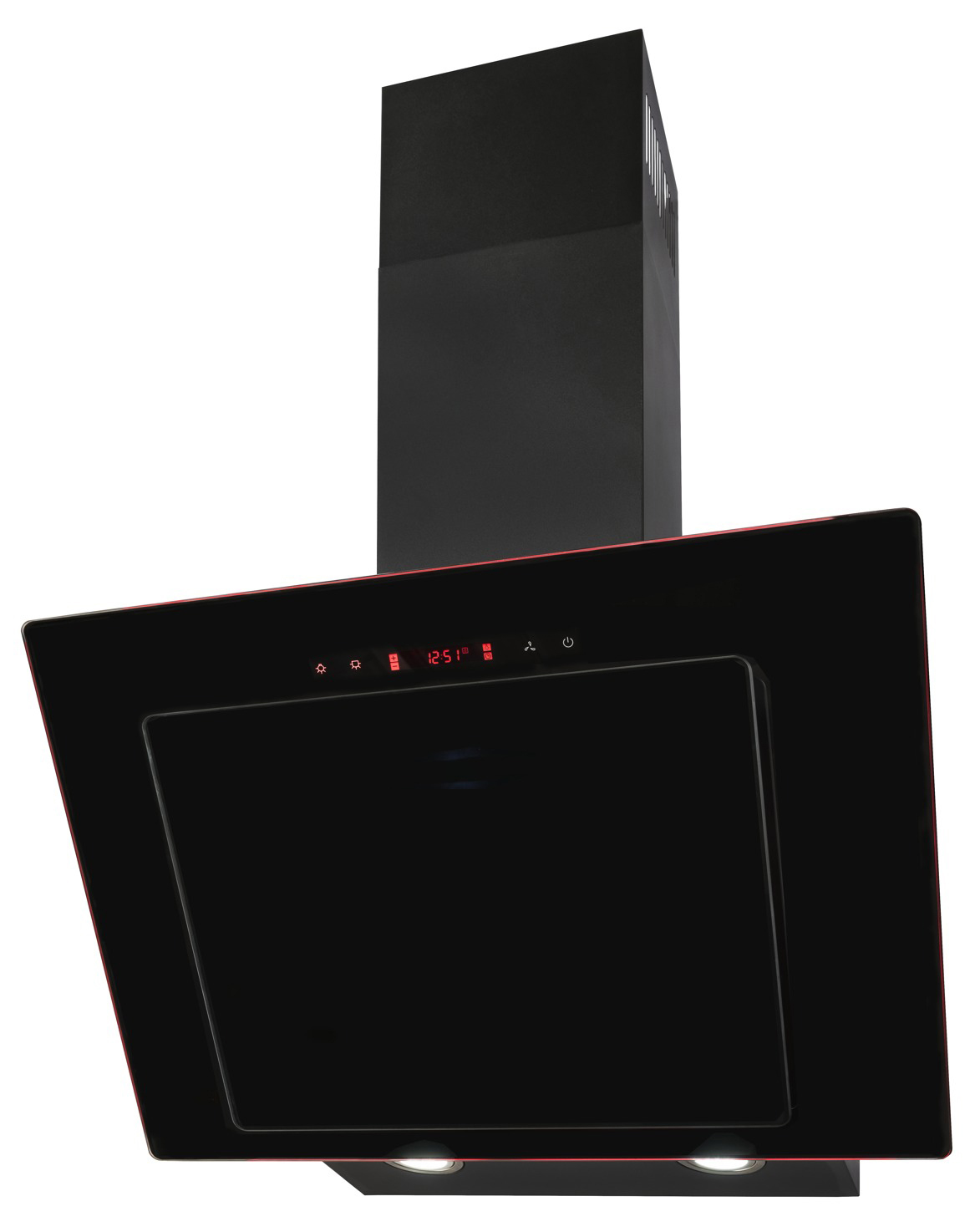 Eine schwarze Dunstabzugshaube mit roter Umrandung, Knöpfen und Digitalanzeige.