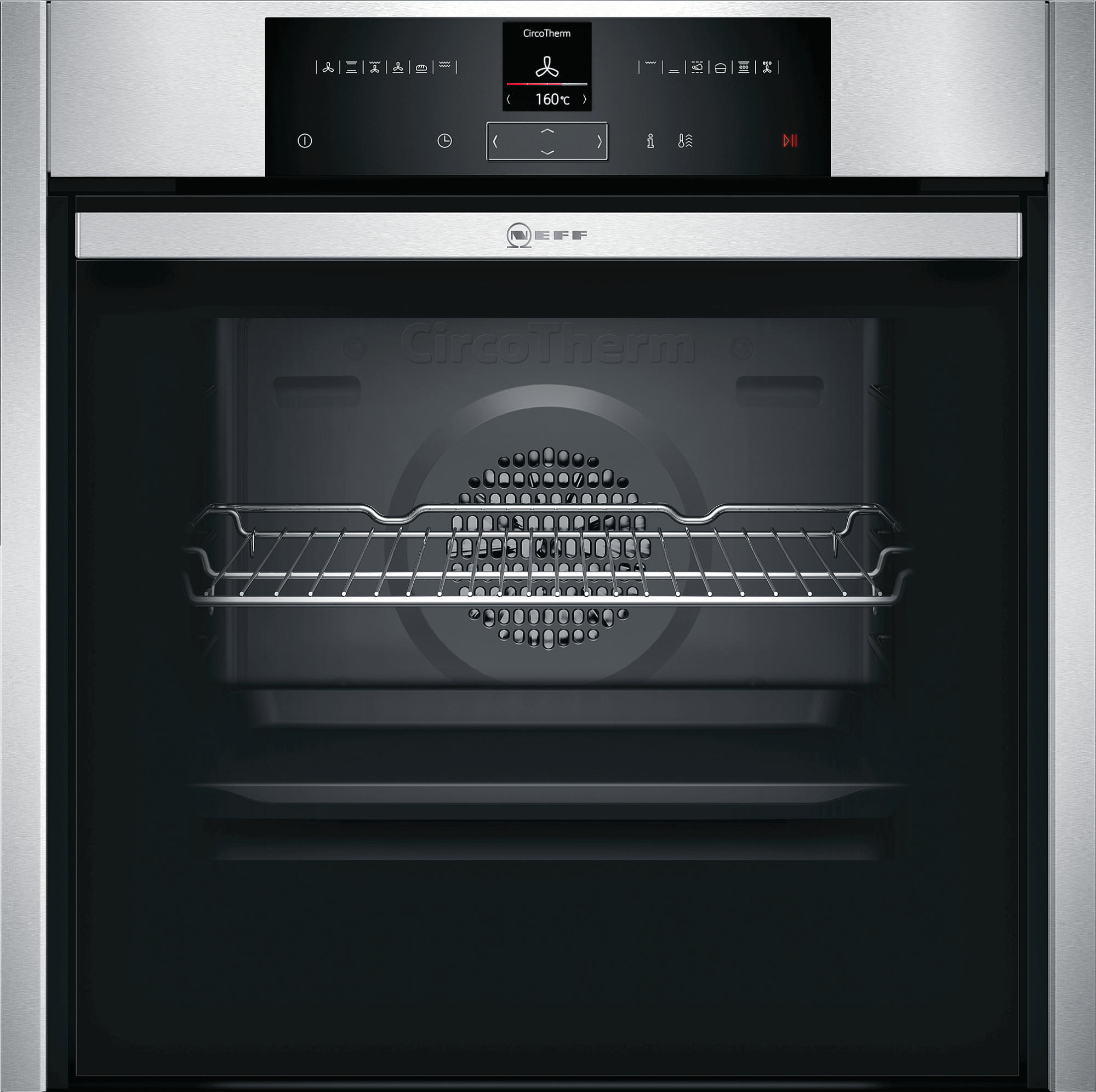 Backofen-Innenraum mit Rost und Ventilator. Das Bedienfeld befindet sich oben.