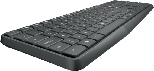 Un clavier d'ordinateur noir sur une surface sombre. Les touches sont visibles.