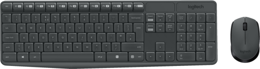Ensemble clavier et souris Logitech gris foncé sur fond blanc.