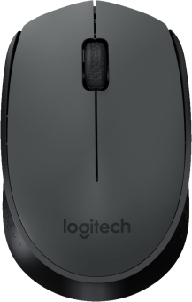 Vue de dessus d'une souris d'ordinateur Logitech grise.