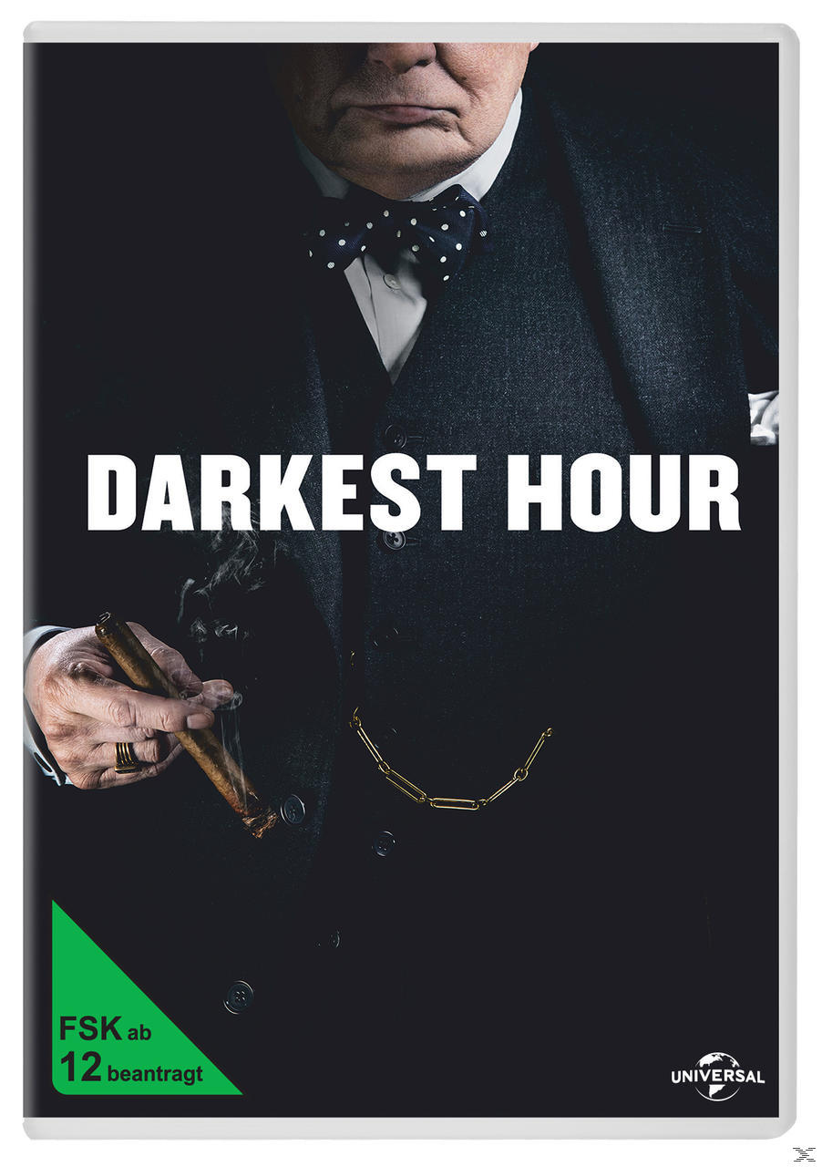 DVD-Cover: Winston Churchill mit Zigarre, Titel 'Darkest Hour'.