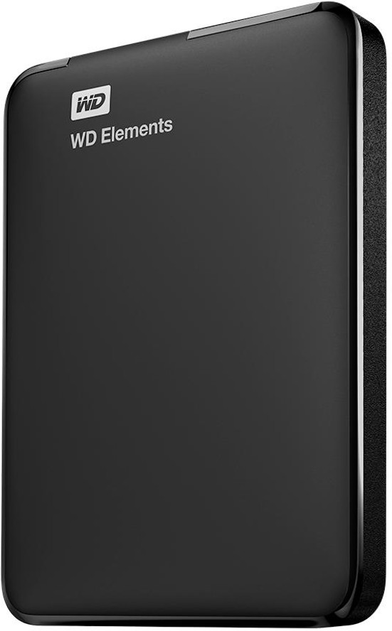 A black WD Elements external hard drive, angled view.