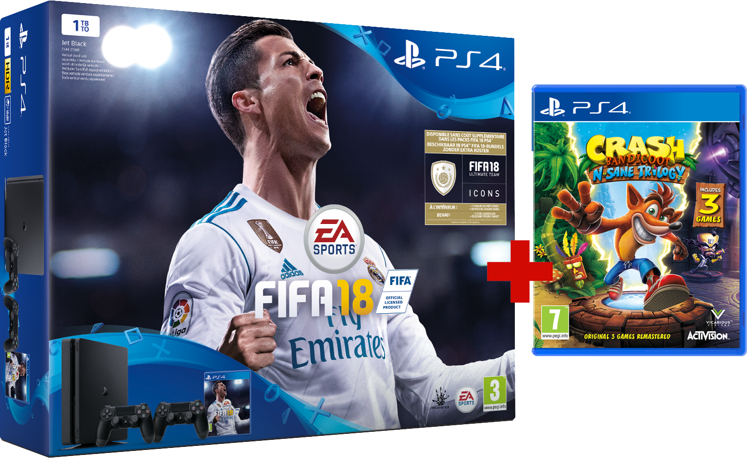 PLAYSTATION PS4 Slim 1 TB Zwart + FIFA 18 + extra controller + Crash Bandicoot
