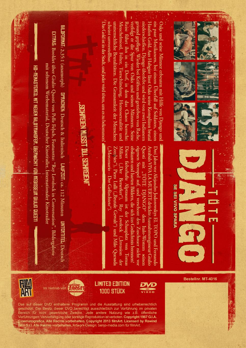 Rückseite einer DVD-Box mit Text und Bildern, roter Hintergrund, betitelt Django.
