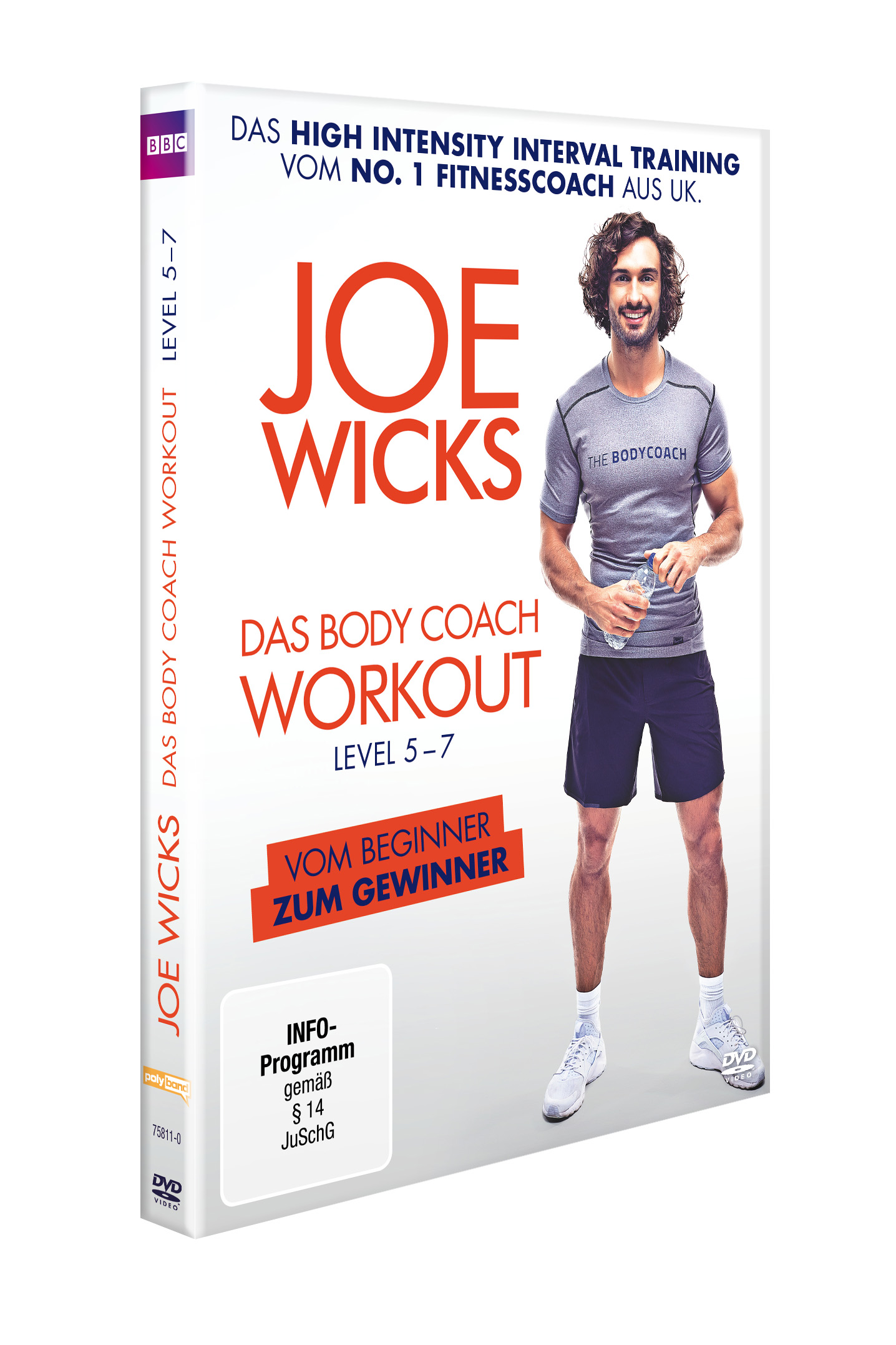DVD-Hülle von Joe Wicks' Trainingsprogramm, mit einem Mann, der eine Wasserflasche hält.