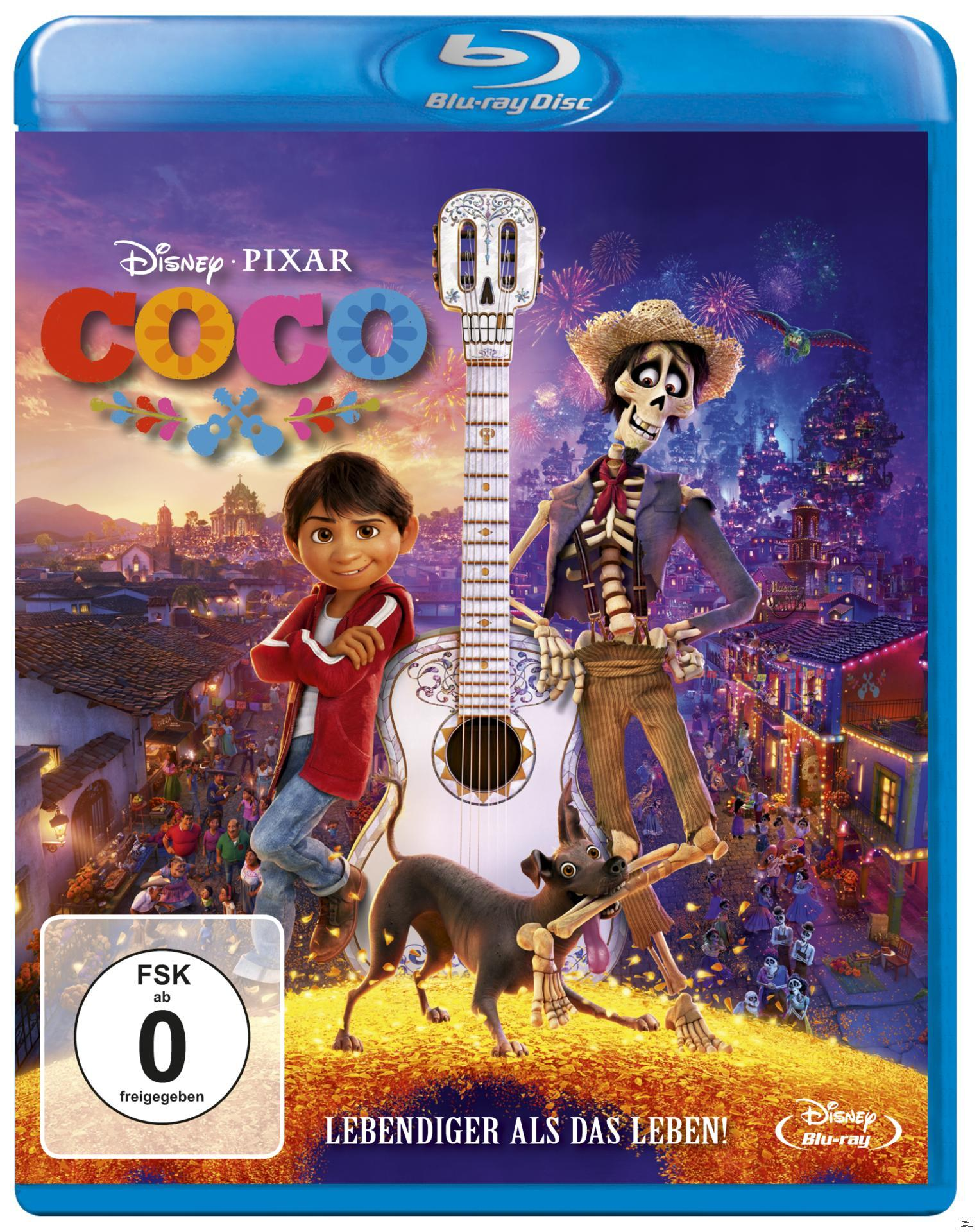 Coco Blu-ray-Cover mit Charakteren und einem lebendigen Stadt-Hintergrund.