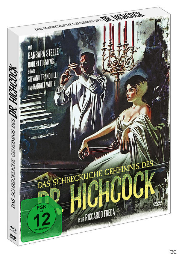 DVD-Cover für den Film „Dr. Hichcock“. Es zeigt einen Mann mit Spritze und eine Frau im Kleid.
