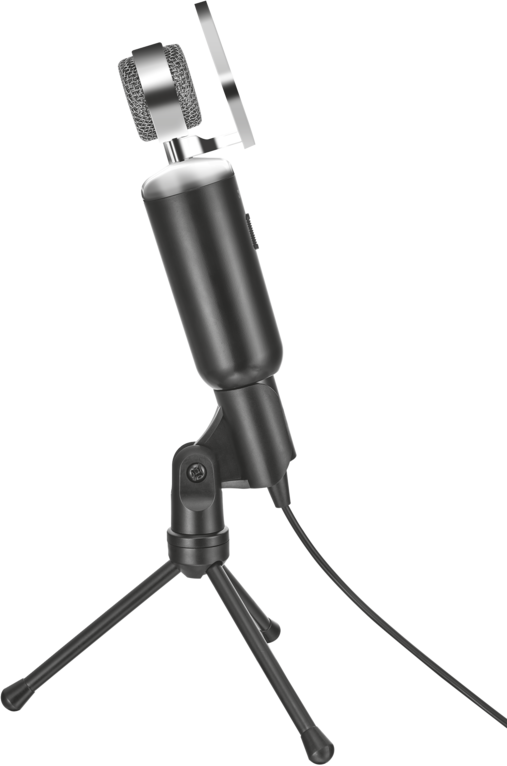 Een zwarte microfoon op een statief met een popfilter, tegen een donkere achtergrond.