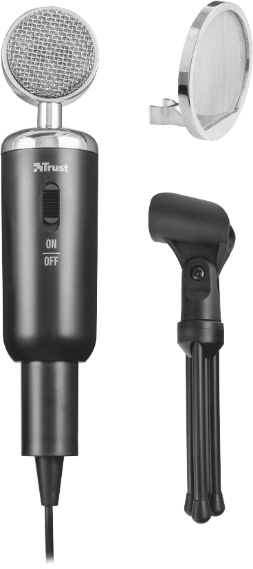 Een zwarte Trust-microfoon met een popfilter en een kleine standaard. De aan/uit-schakelaar is zichtbaar.