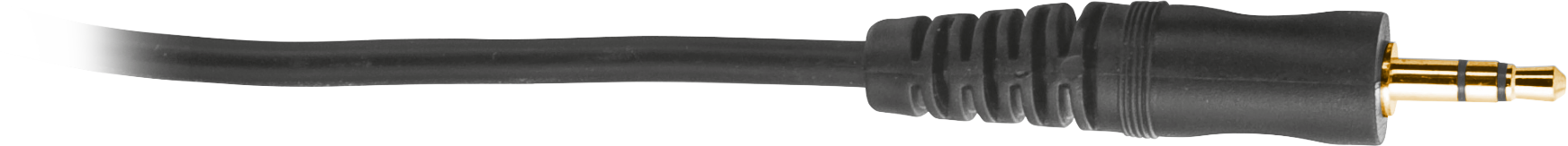 Zwarte audiokabel met een goudkleurige 3,5 mm audio jack. Witte achtergrond.