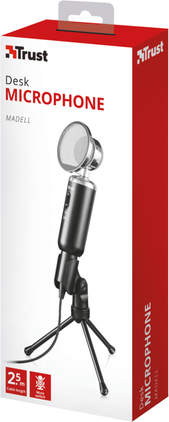 Een zwarte bureaumicrofoon met popfilter, op een klein statief, in een witte en rode doos.