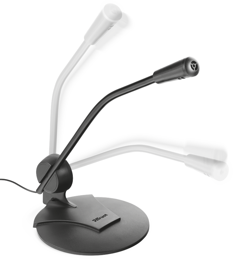 Un microphone noir avec un col incurvé, sur une base noire, et plusieurs effets de flou de mouvement.