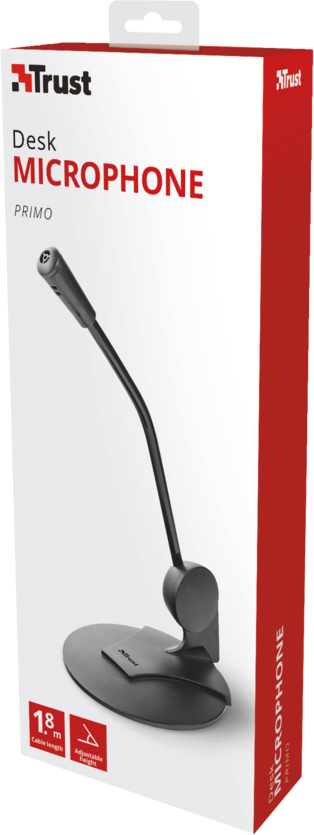 Microphone de bureau dans une boîte. Il a un col incurvé et une base. La boîte est rouge et blanche.