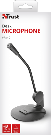 Un microphone de bureau dans une boîte. Le microphone est noir avec un support réglable.
