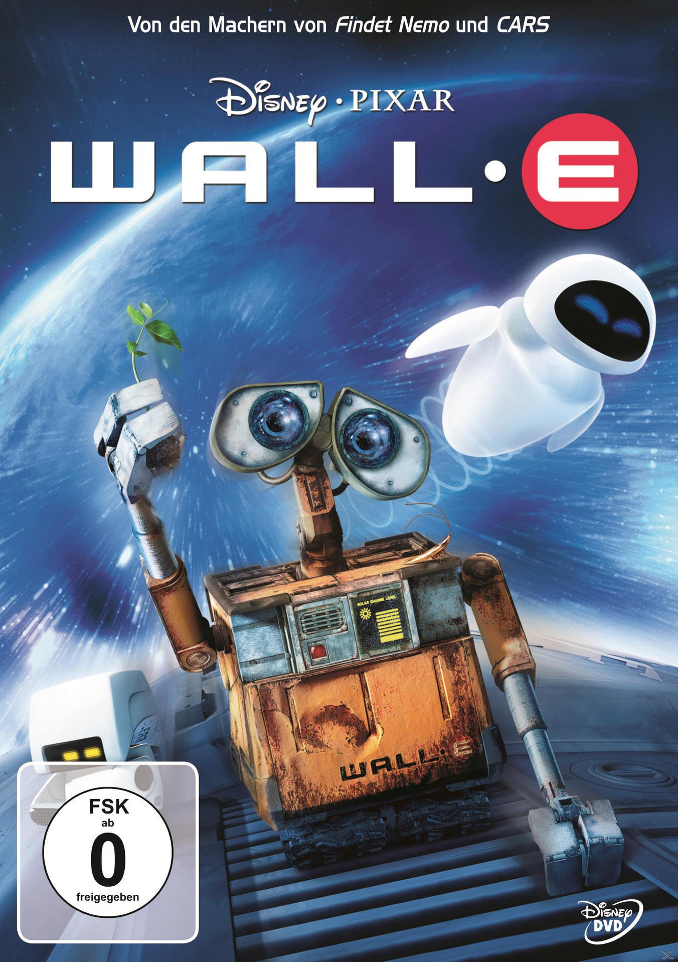 WALL-E-Filmplakat. Wall-E-Roboter hält eine Pflanze, Eva fliegt, blauer Hintergrund mit Erde. Disney Pixar.