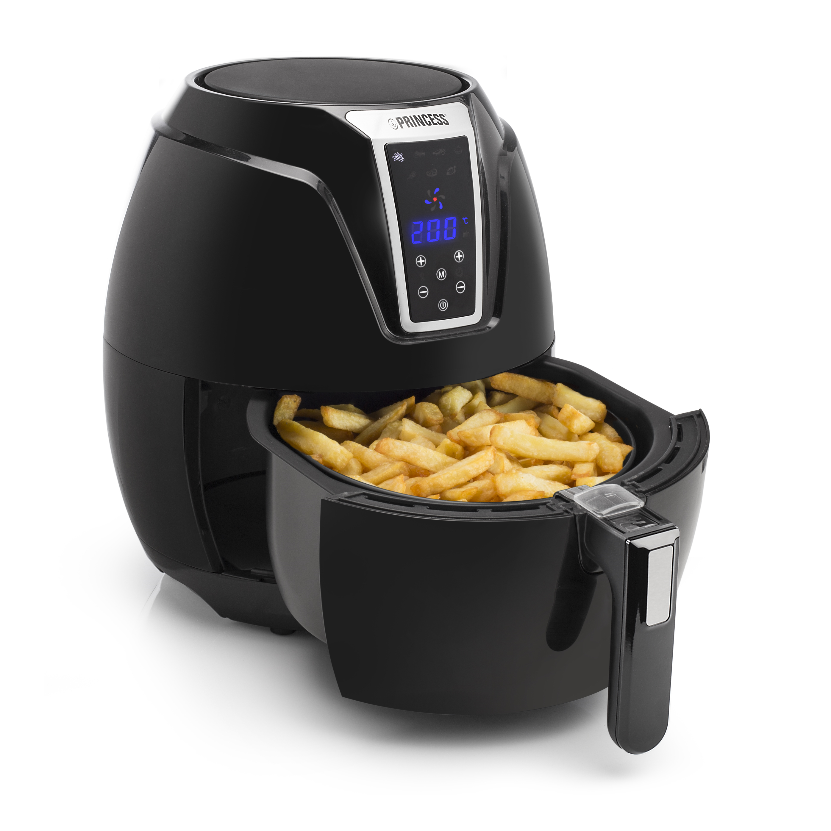 Black air fryer with open basket full of fries, digital display showing temperature.